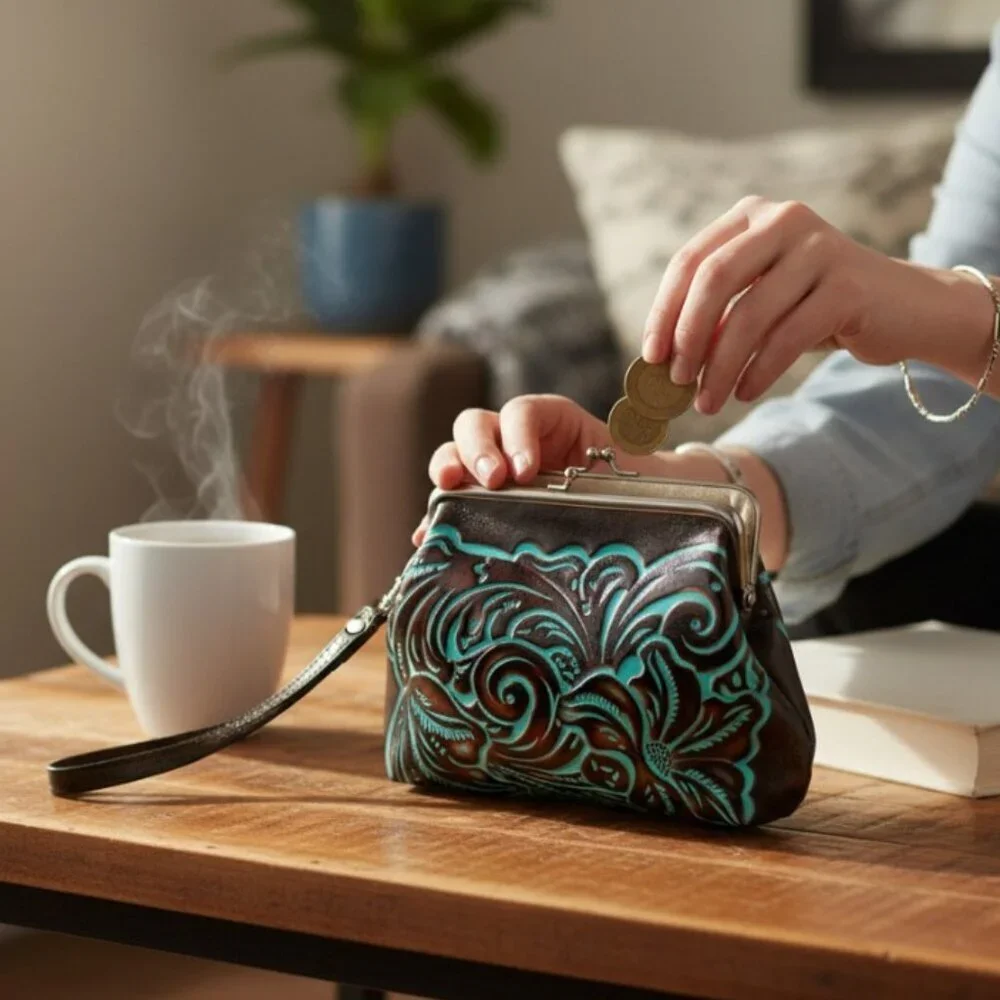Patricia Nash Savena Brown Turquoise Embossed Tooled Clutch Wristlet